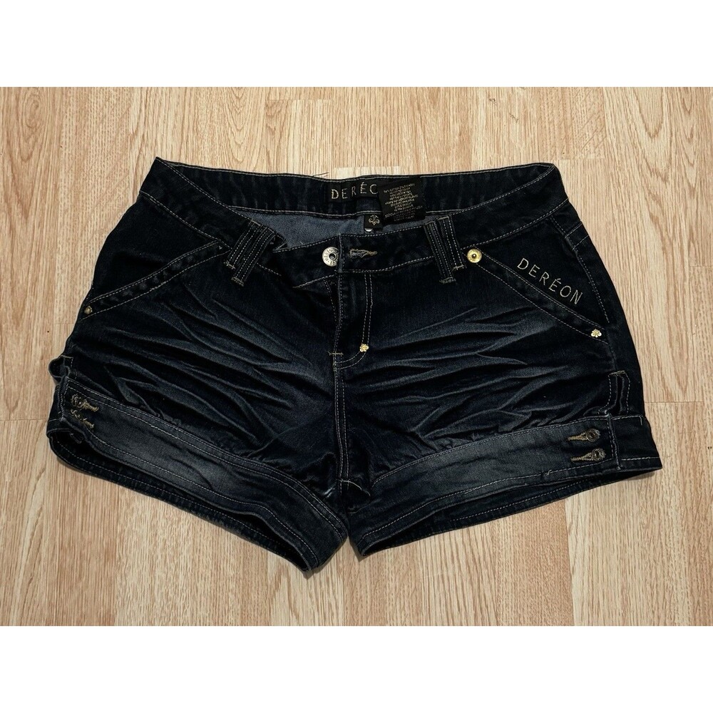 Deréon Women's Dark Blue Denim Shorts Gold Logo Button Embroidered Accents